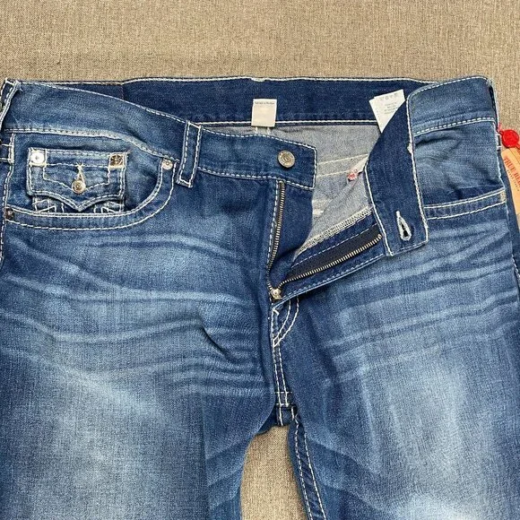 True Religion Straight Natural Big T Flap Denim Jeans Men's 40 Mid Rise Blue NWT